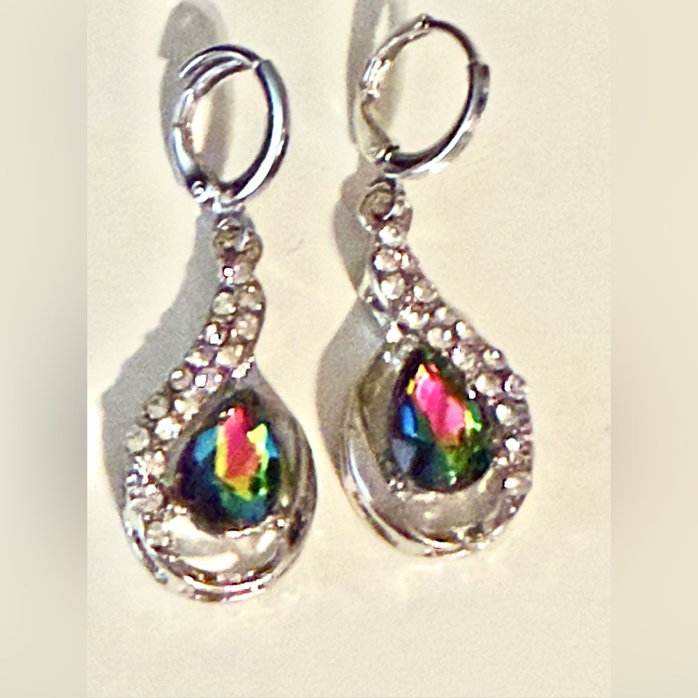 NWOT Silver Drop Earrings with Multicolor Teardrop Stones